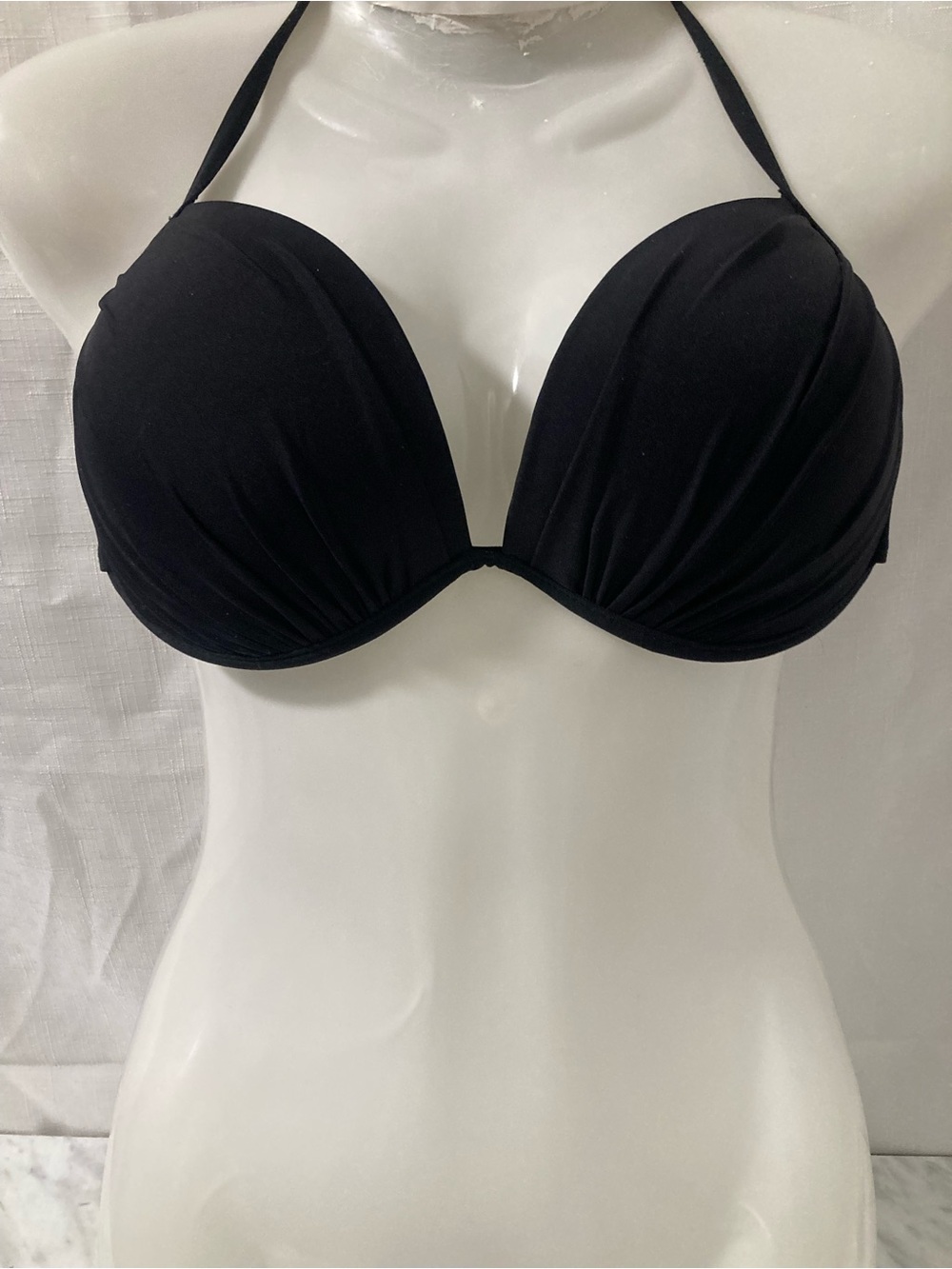 Black Push-Up Plunge Halter Bikini Top L/XL Ruched Swimwear